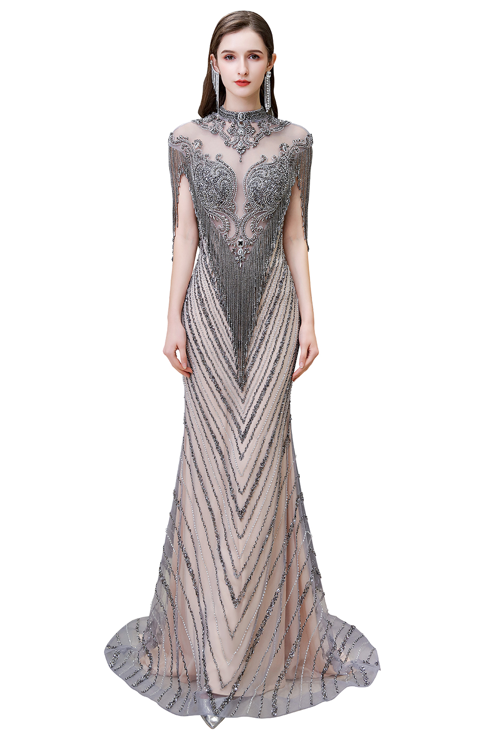 Mermaid Jewel Neck Short Sleeves Court Train Tulle Evening Gown With Beading 11
