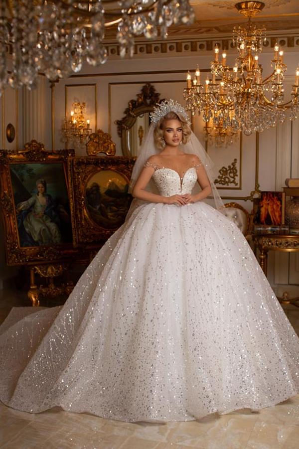 Ball Gown Jewel Neck Cap Sleeves Sweep / Brush Train Bridal Dress With Appliques 1