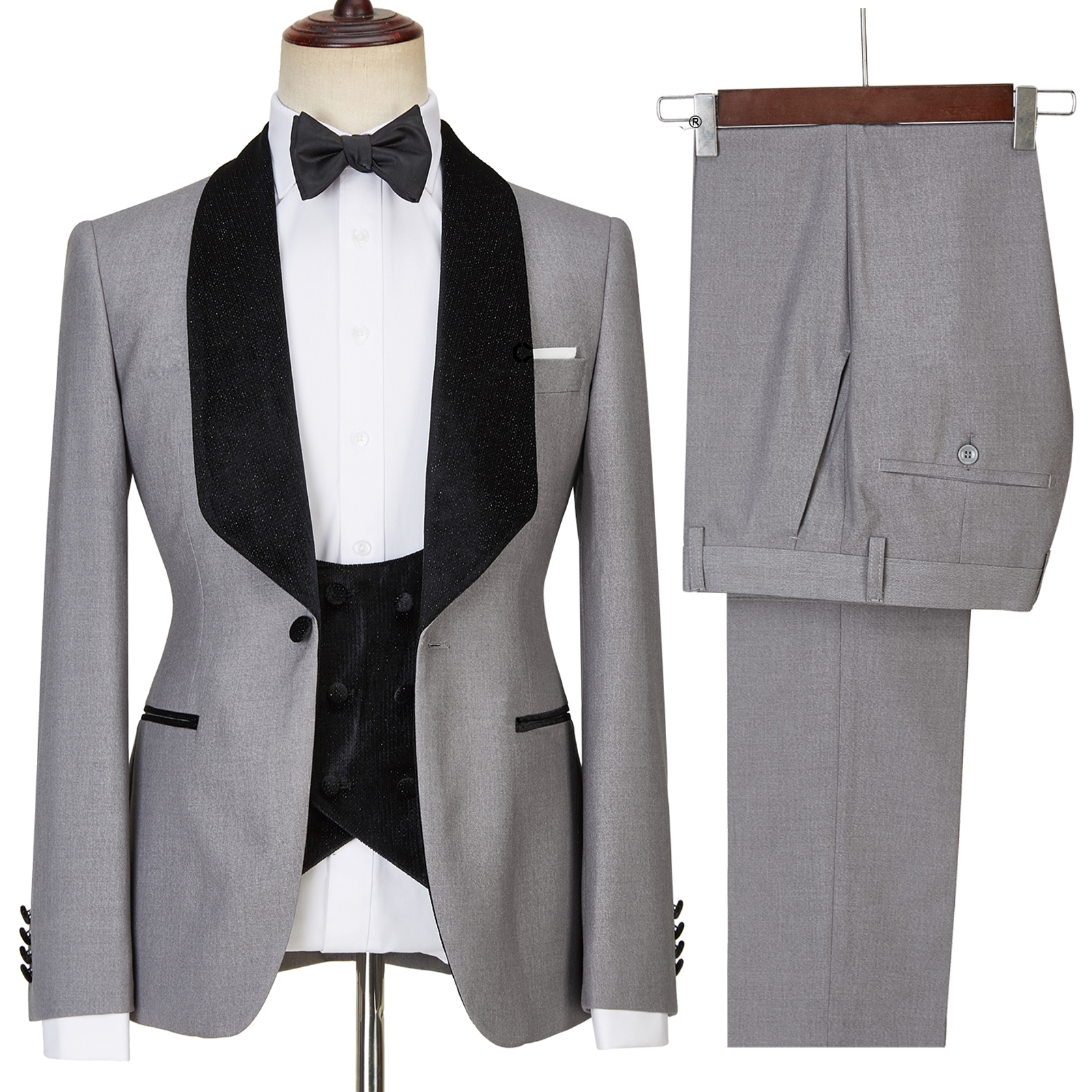 Light Gray One Button Shiny Shawl Lapel Three Pieces Wedding Men Suit 2