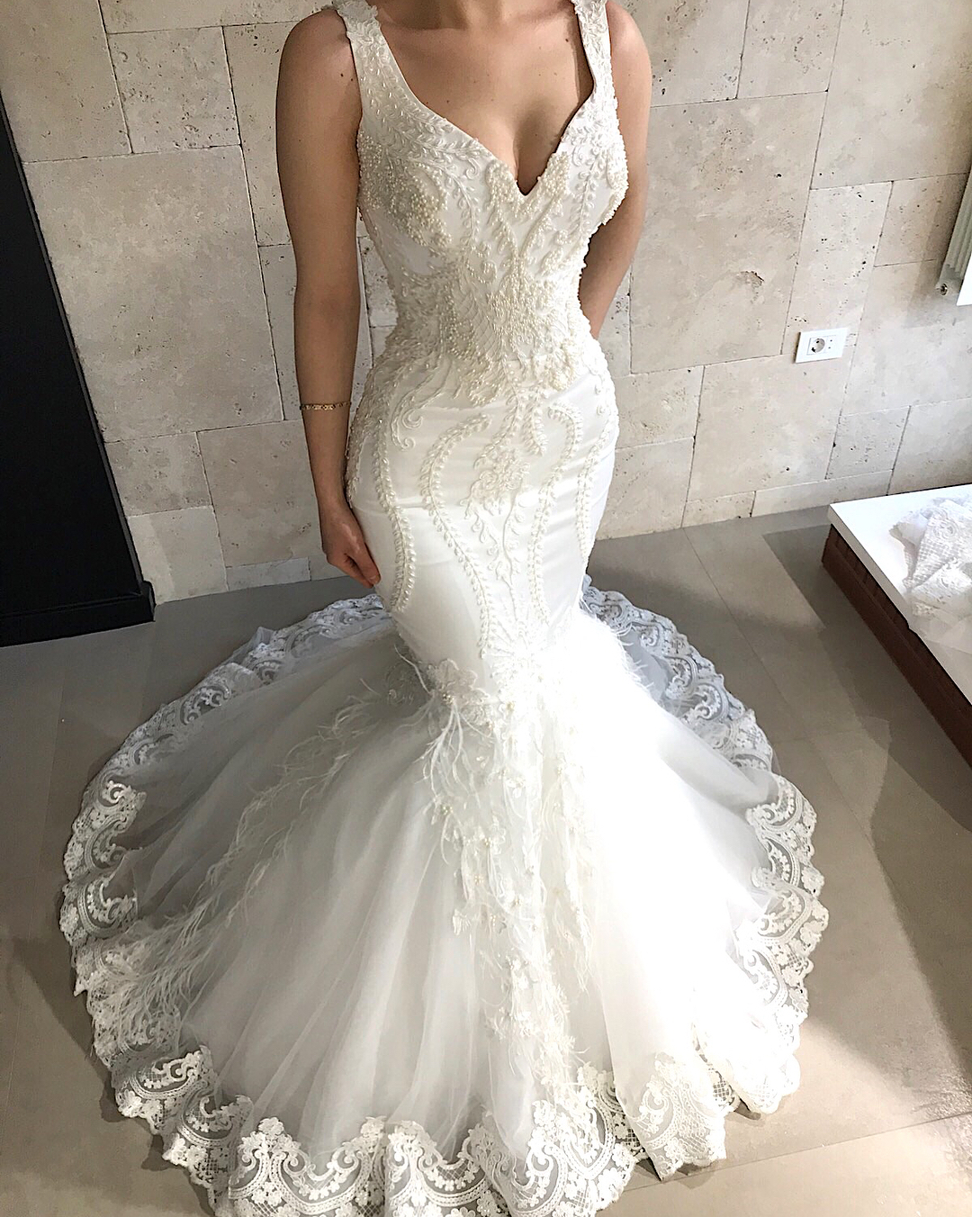 Mermaid Straps Sleeveless Court Train Tulle Bridal Gown With Beading 1