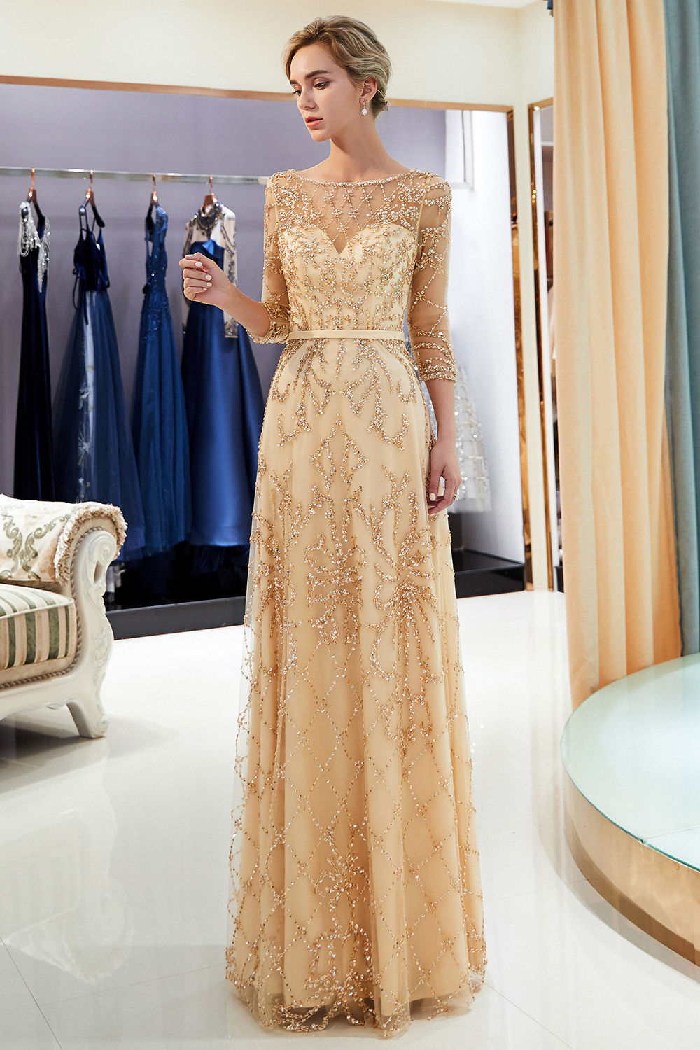 A-line Scoop Neck 3/4-Length Sleeves Sweep / Brush Train Tulle Evening Dress With Crystal 21