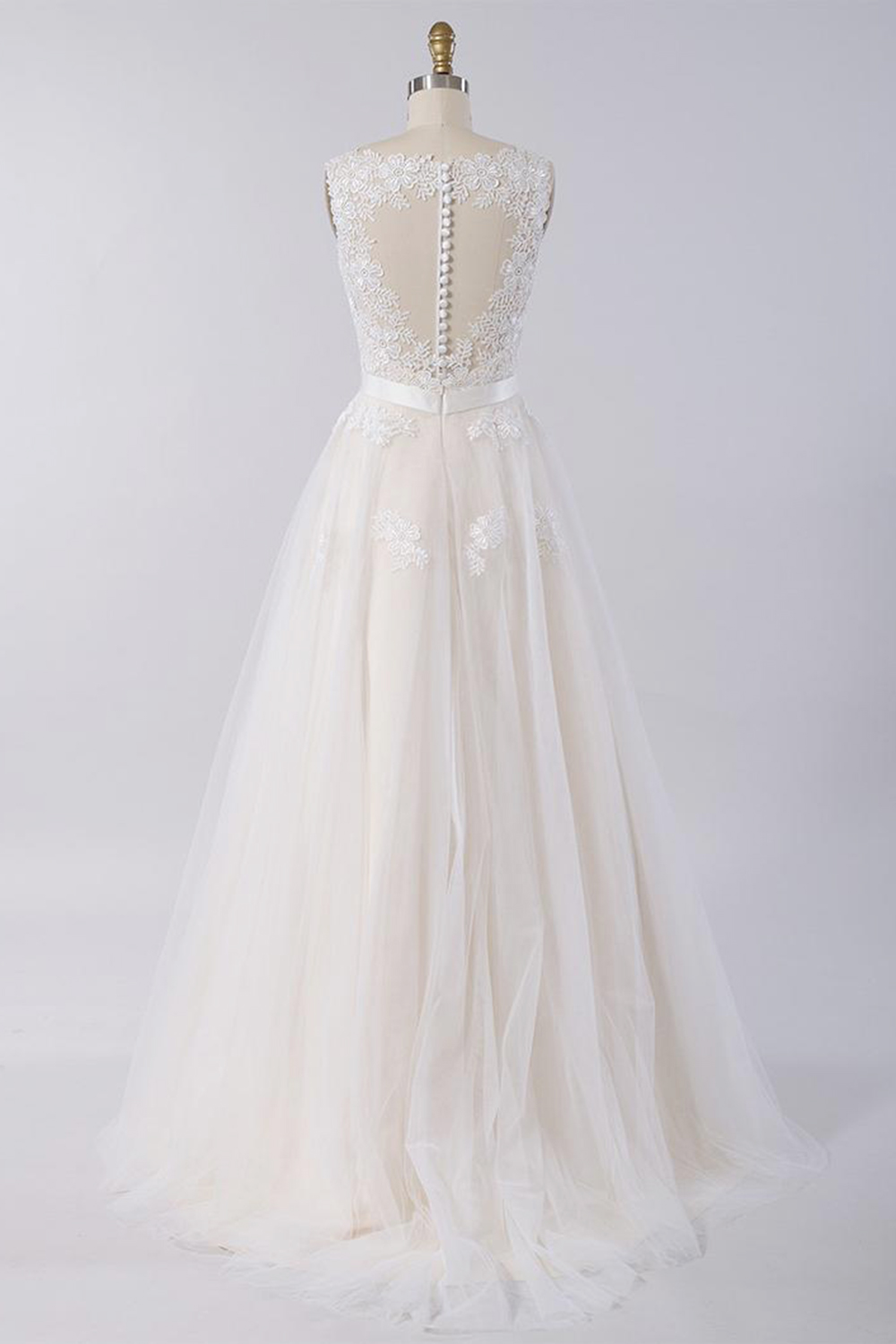 A-line V-neck Sleeveless Floor-length Tulle Wedding Dress With Appliques 2