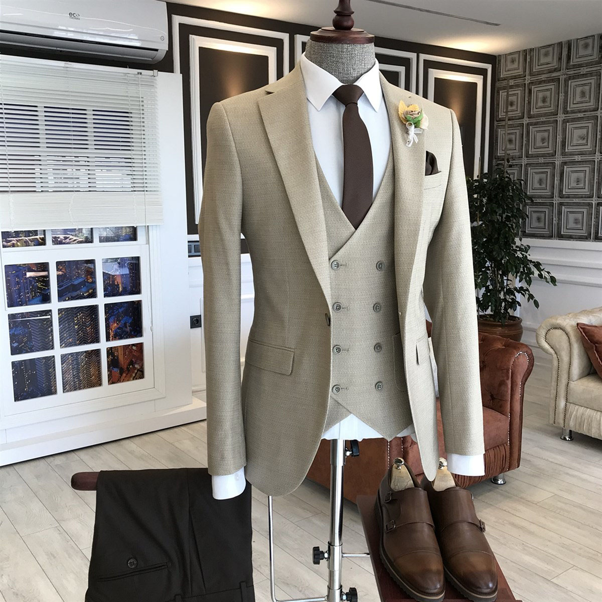 Light Brown Double Breasted Waistcoat Business Suit 2