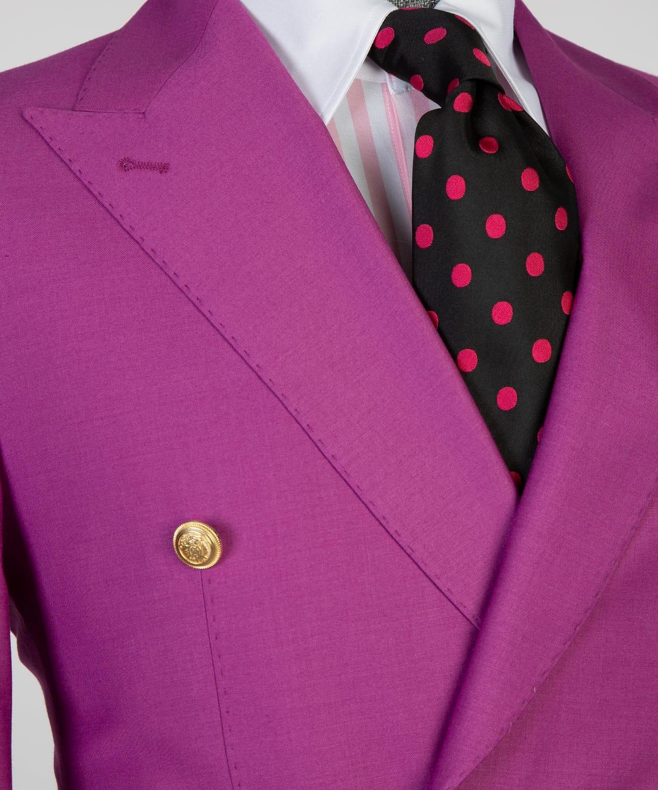 Modern Slim Fit Fuchsia Double Breasted Peaked Lapel Suit with Gold Buttons 2