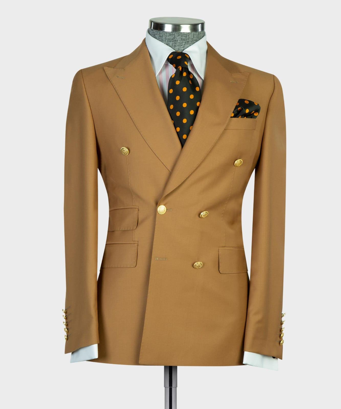 Light Brown Double Breasted Business Men Suit with Peaked Lapel 4