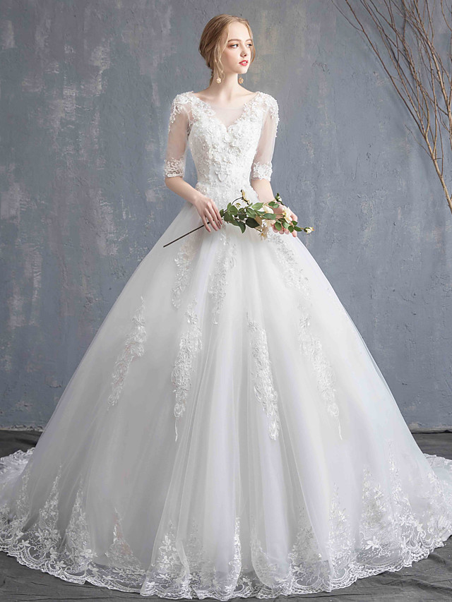 Ball Gown Scoop Neck Half-Sleeves Chapel Train Lace Bridal Gown With Lace 7