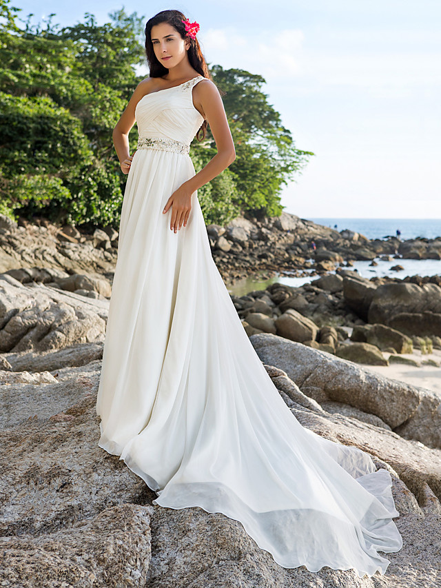 A-line Straps One Shoulder Court Train 100D Chiffon Bridal Gown With Buttons 7