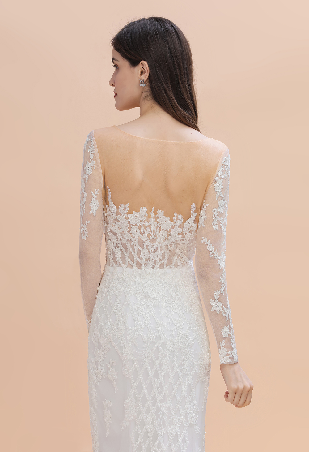 Mermaid Jewel Neck Long Sleeves Chapel Train Tulle Wedding Gown With Lace 9