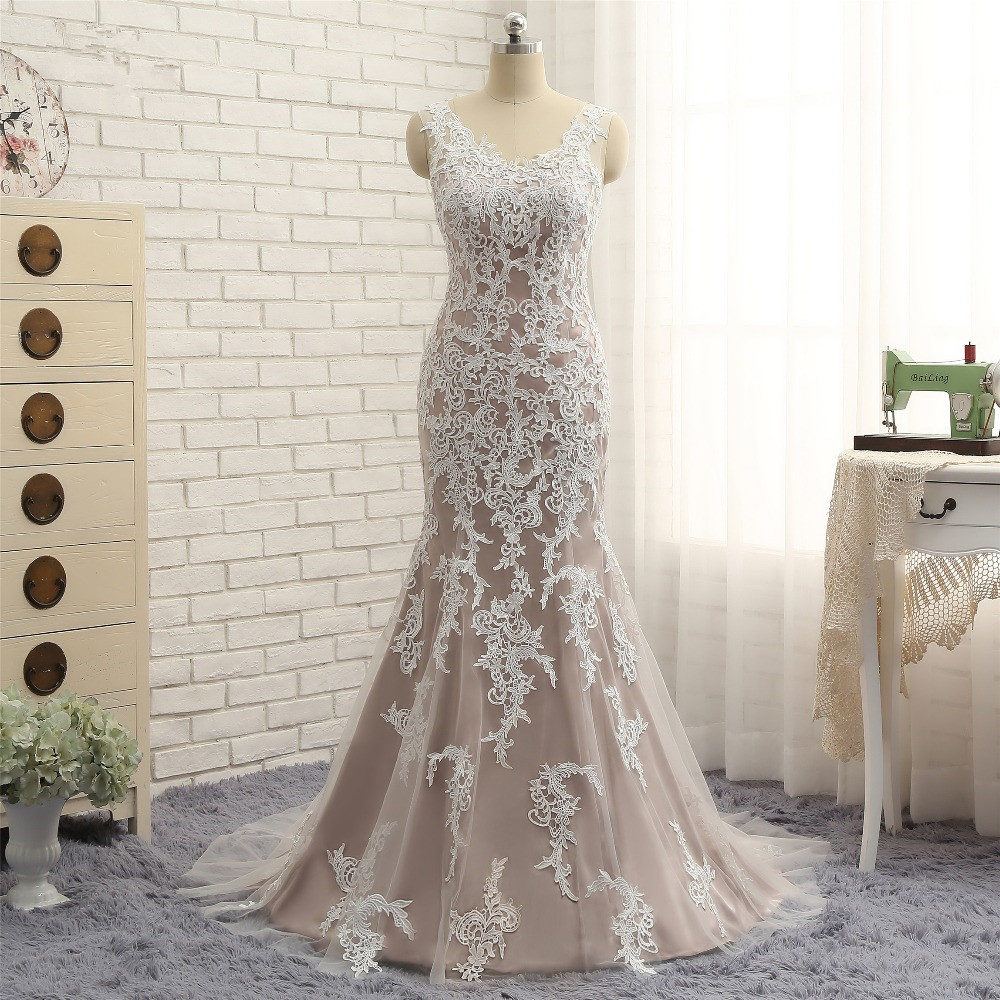 Mermaid Straps Jewel Neck Sleeveless Floor-length Stretch Satin Wedding Dress With Appliques 6