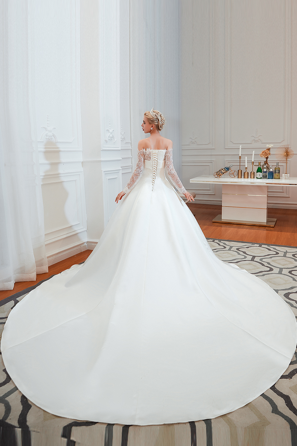 Bateau Neck Long Sleeves Cathedral Train Satin Wedding Gown With Lace 4