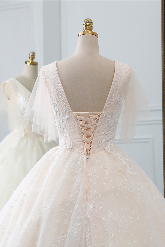 Ball Gown V-neck Short Sleeves Floor-length Tulle Bridal Dress With Appliques 5