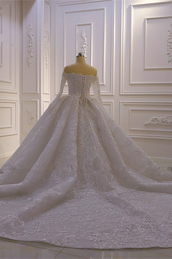 Ball Gown Strapless Long Sleeves Floor-length Tulle Bridal Dress With Lace 4