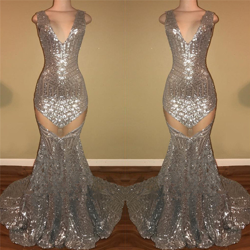 Mermaid V-neck Sleeveless Sweep / Brush Train Evening Gown With Sequins 2