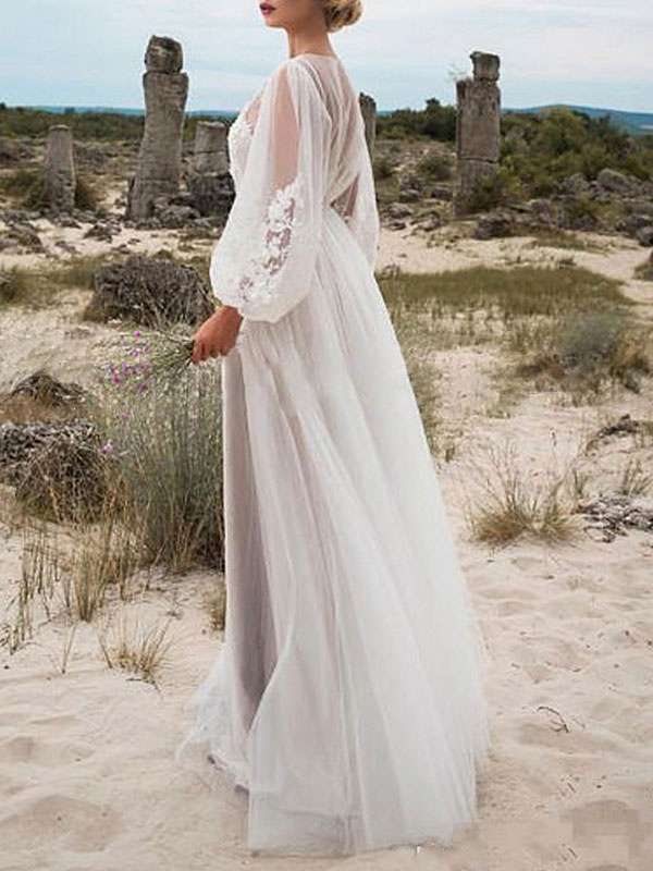 A-line Long Sleeves Sweep / Brush Train Lace Bridal Attire With Lace 2