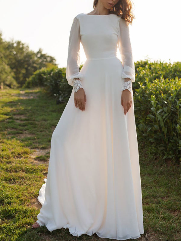 A-line Bateau Neck Long Sleeves Court Train 100D Chiffon Bridal Gown With Lace 2