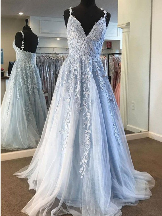 A-line Plunging Neckline Sleeveless Floor-length Tulle Evening Dress With Appliques 4