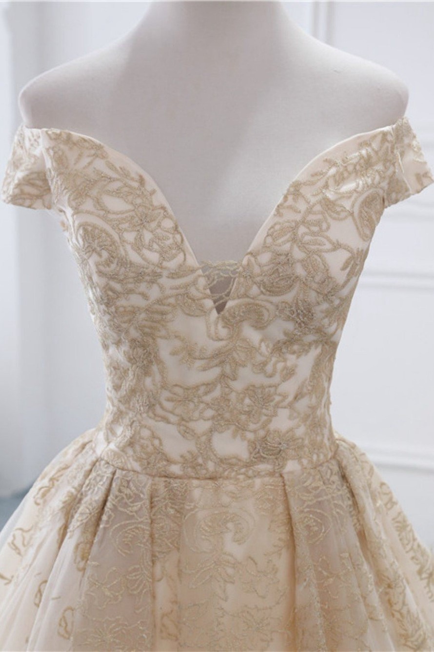 A-line Off-the-shoulder V-neck Sleeveless Floor-length Tulle Wedding Dress With Appliques 5