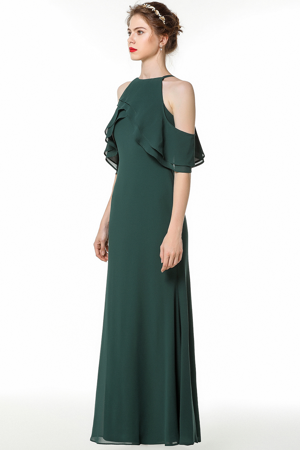 A-line Straps Sleeveless Sweep / Brush Train 100D Chiffon Bridesmaid Gown With Tiered 3