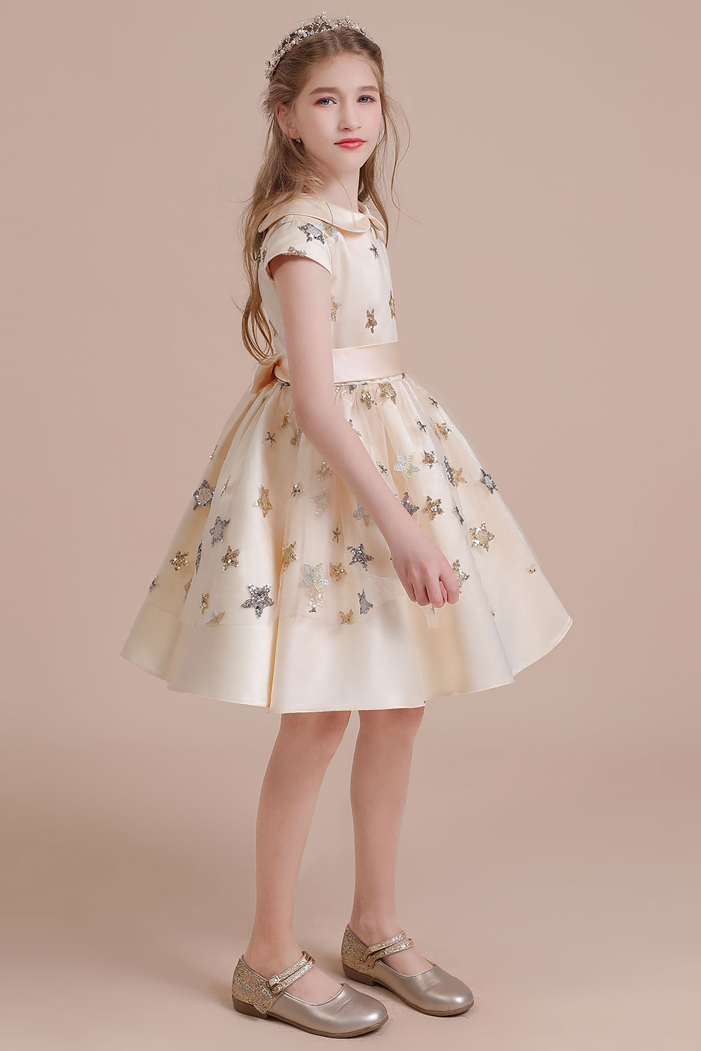 A-line Jewel Neck Short Sleeves Knee-length Tulle Flower Girl Dress With Ribbons 6