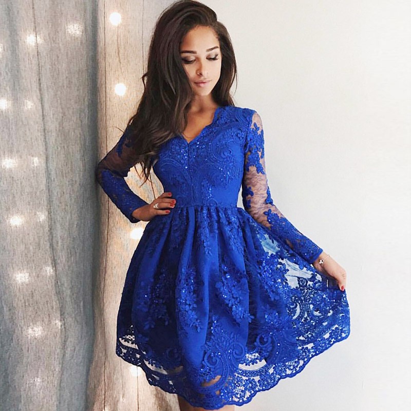 A-line V-neck Long Sleeves Mini Homecoming Dress With Lace 2