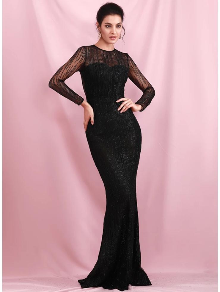 Column Jewel Neck Long Sleeves Floor-length Bright silk Evening Dress With Sequins 5