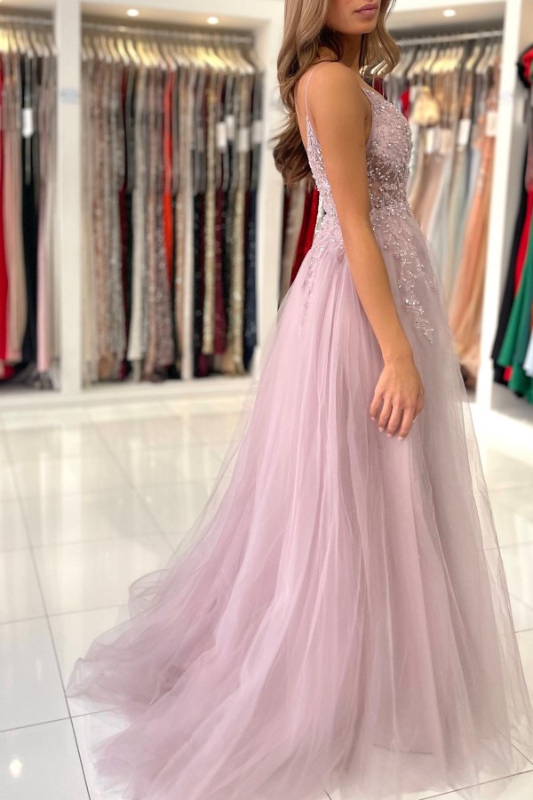 Column Spaghetti Straps Sleeveless Floor-length Tulle Evening Gown With Beading 6