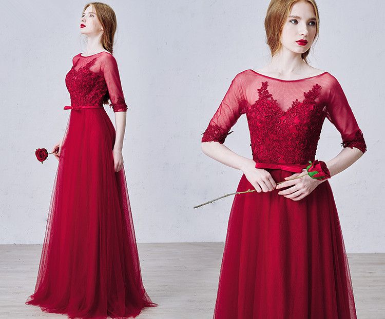 A-line Jewel Neck Half-Sleeves Floor-length Tulle Bridesmaid Gown With Lace 5