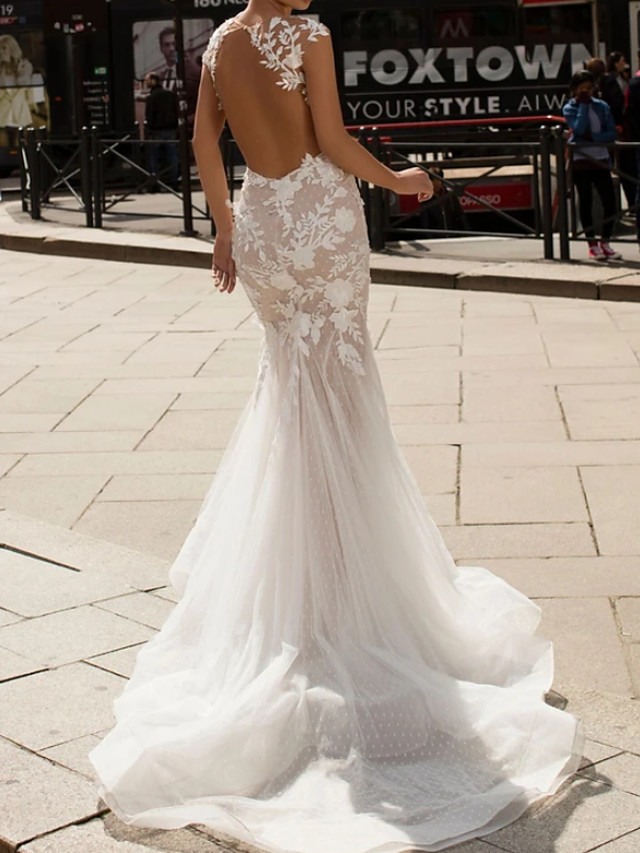 Mermaid Cap Sleeves Sweep / Brush Train Lace Wedding Gown With Lace 2