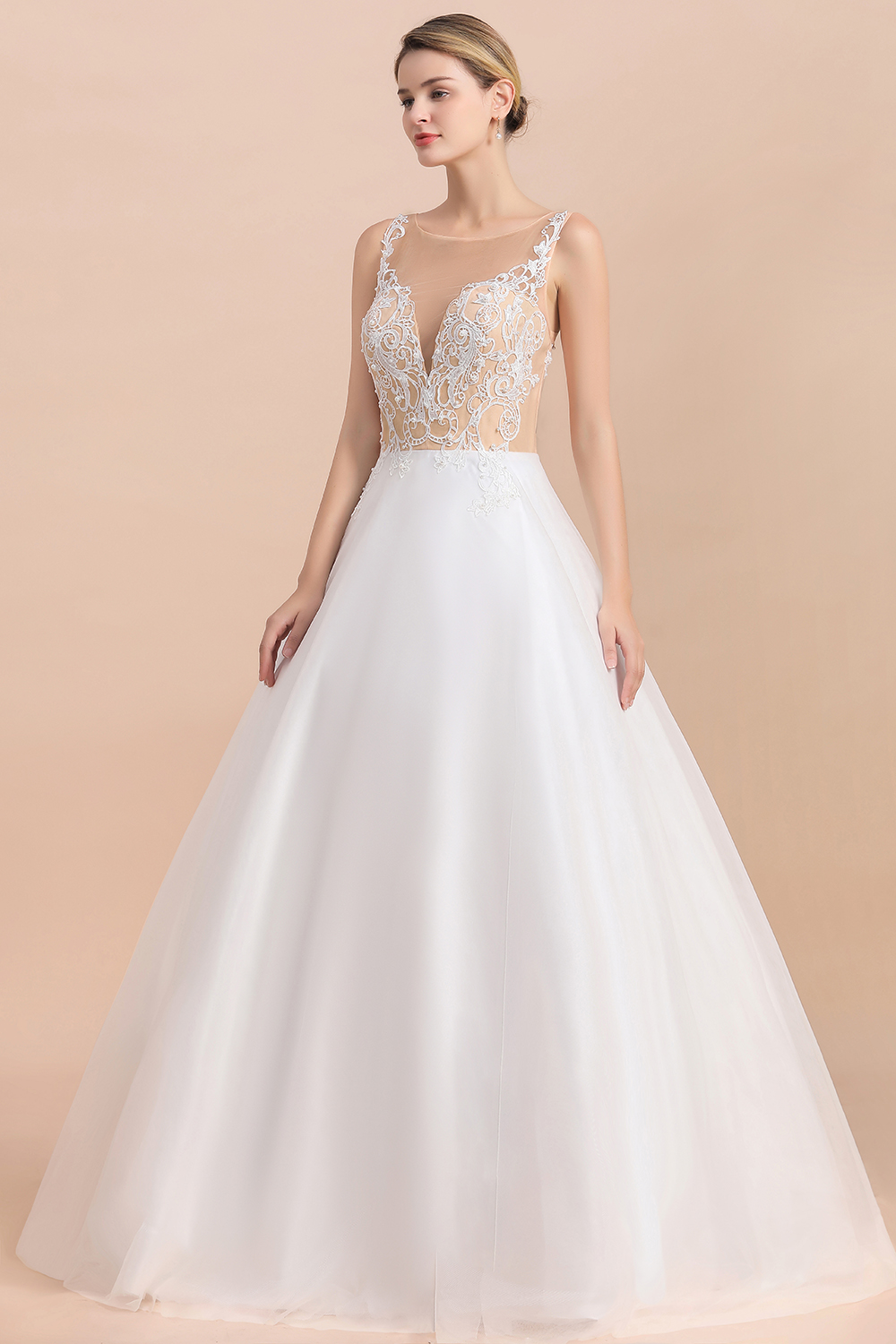 A-line Jewel Neck Sleeveless Floor-length Tulle Wedding Dress With Pearls 7