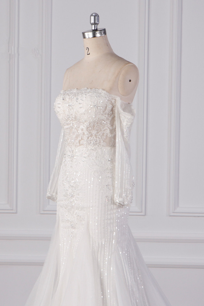 Mermaid Strapless Long Sleeves Floor-length Tulle Wedding Dress With Lace 5