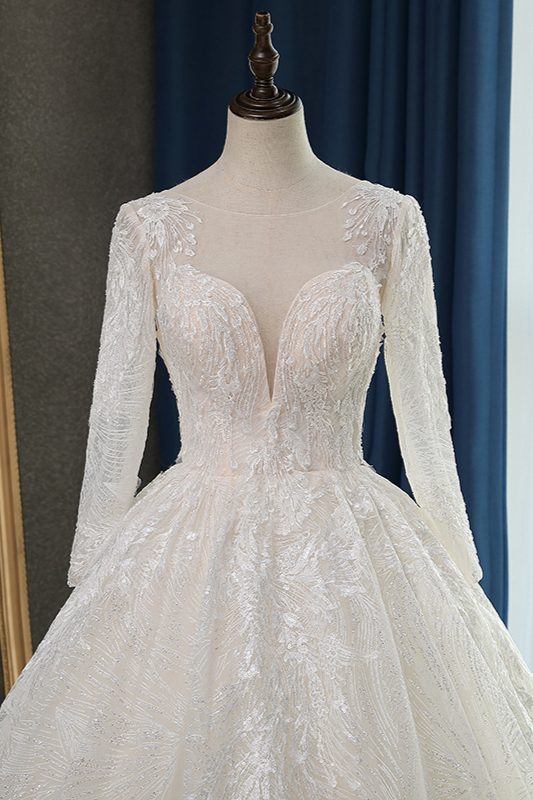 Ball Gown Jewel Neck Long Sleeves Floor-length Tulle Bridal Dress With Appliques 5