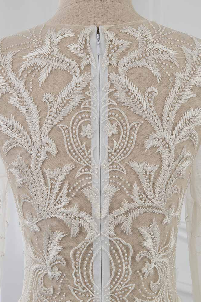A-line Jewel Neck Long Sleeves Floor-length 100D Chiffon Wedding Dress With Ruffles 5