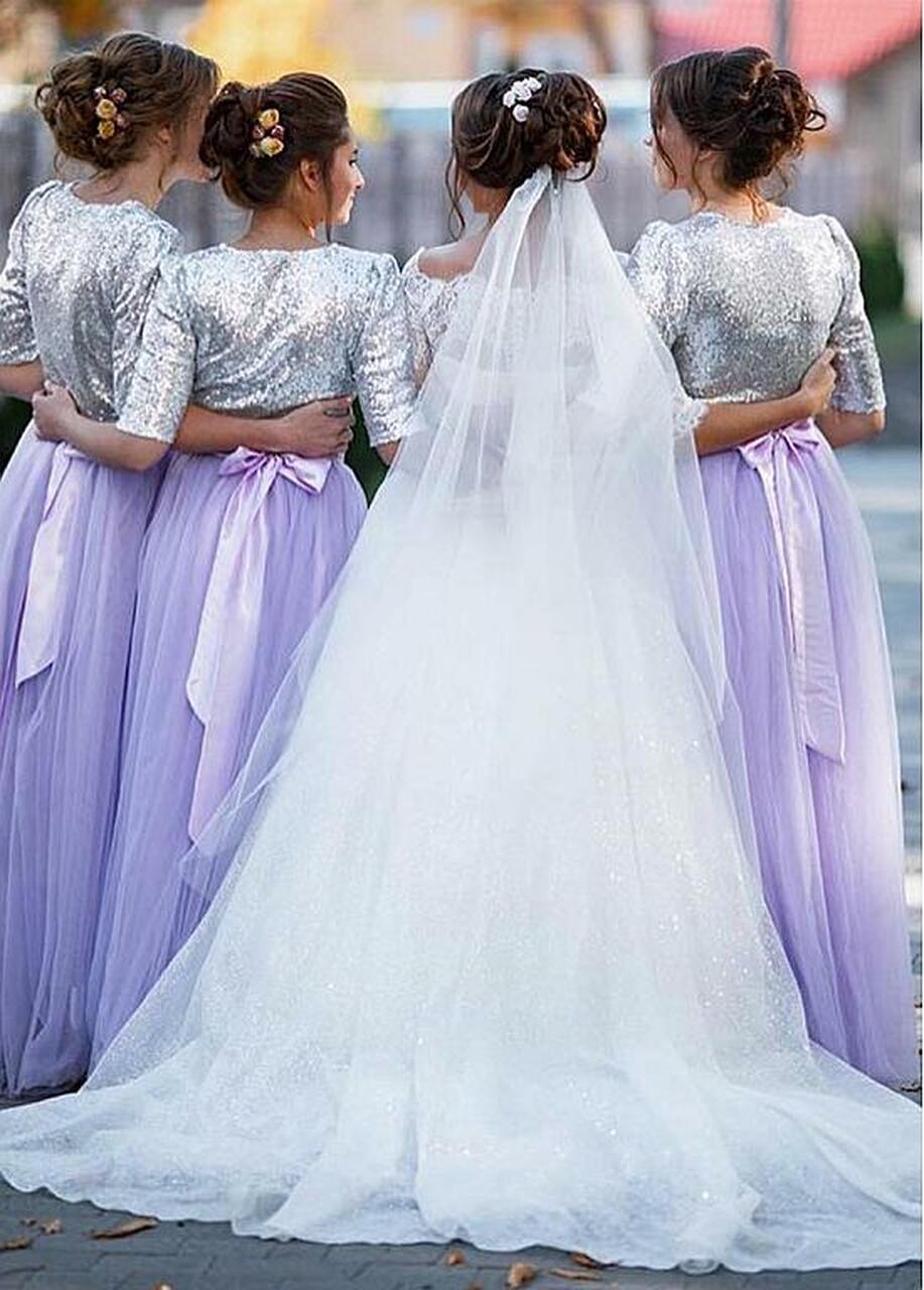 A-line Jewel Neck 3/4-Length Sleeves Floor-length Bridesmaid Attire 4