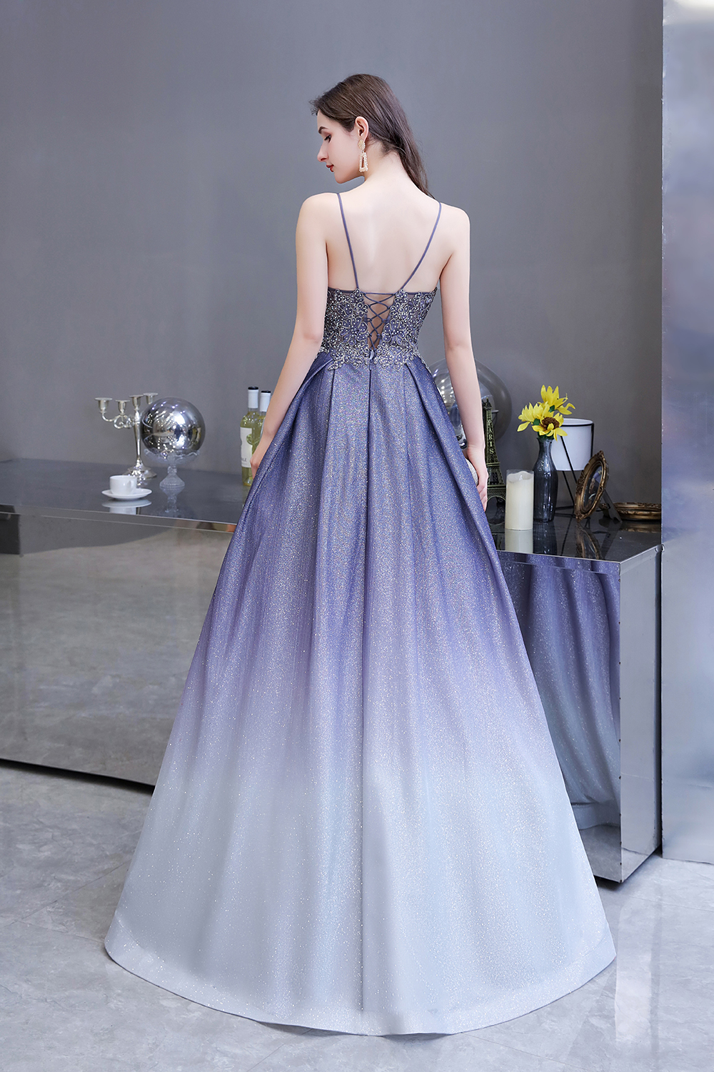 A-line Spaghetti Straps V-neck Sleeveless Sweep / Brush Train Satin Formal Dress With Appliques 6