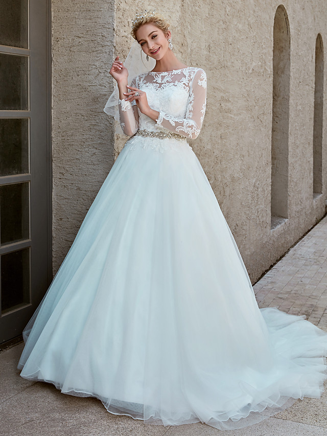 Ball Gown Bateau Neck Long Sleeves Chapel Train Tulle Bridal Gown With Lace 9