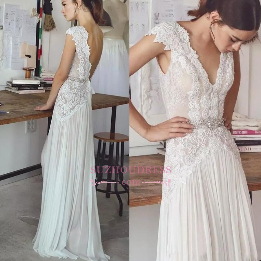 A-line V-neck Floor-length 100D Chiffon Bridal Dress With Lace 2