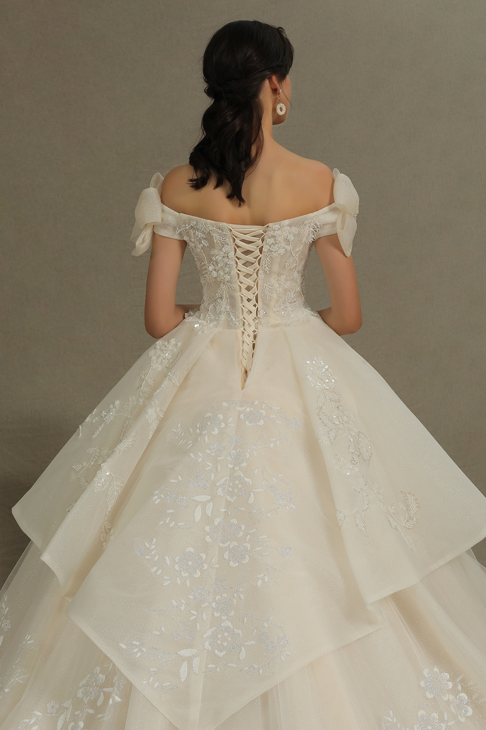 A-line Strapless Cap Sleeves Cathedral Train Tulle Wedding Gown With Lace 8