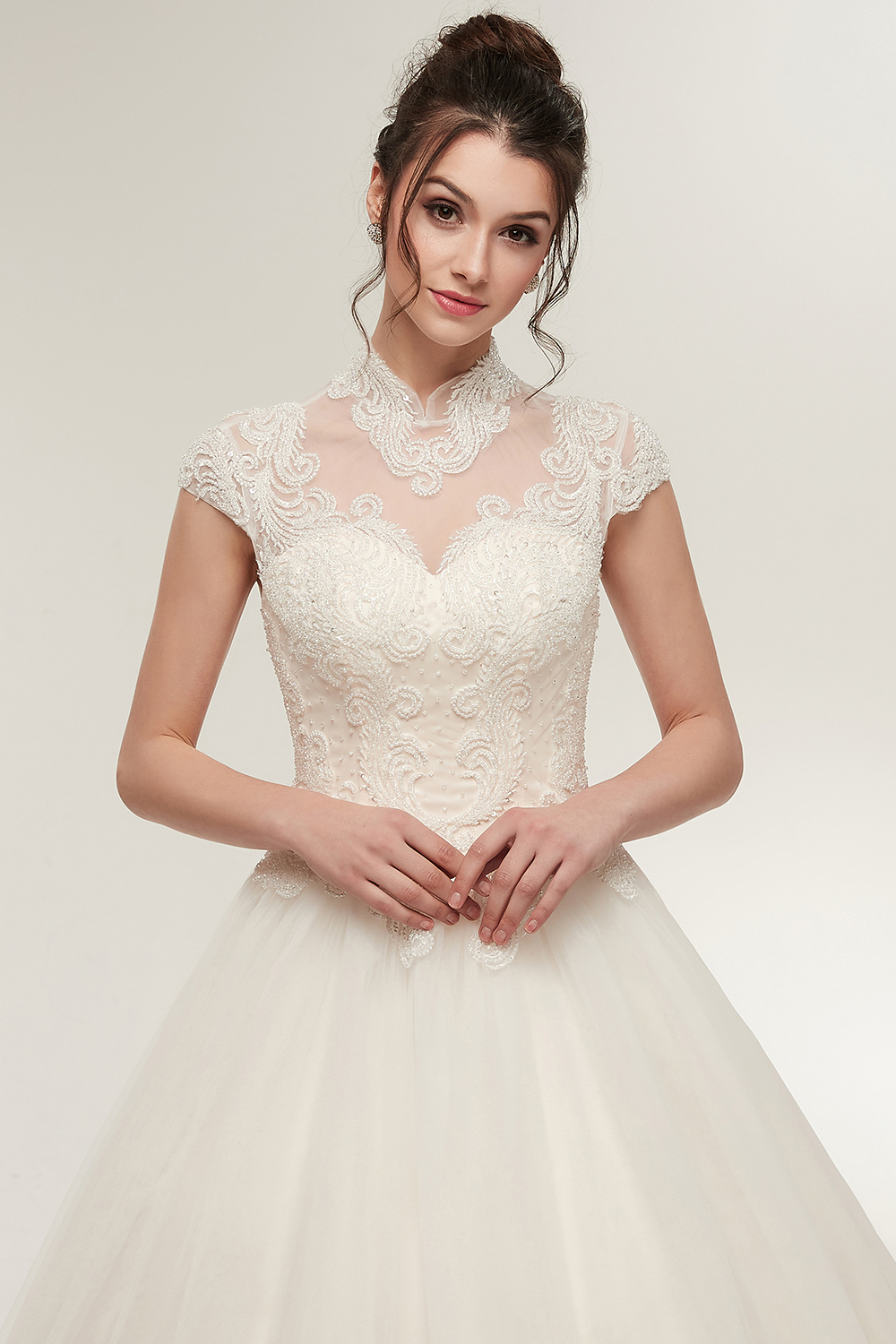High Neck Short Sleeves Floor-length Lace Bridal Gown With Ruched 7