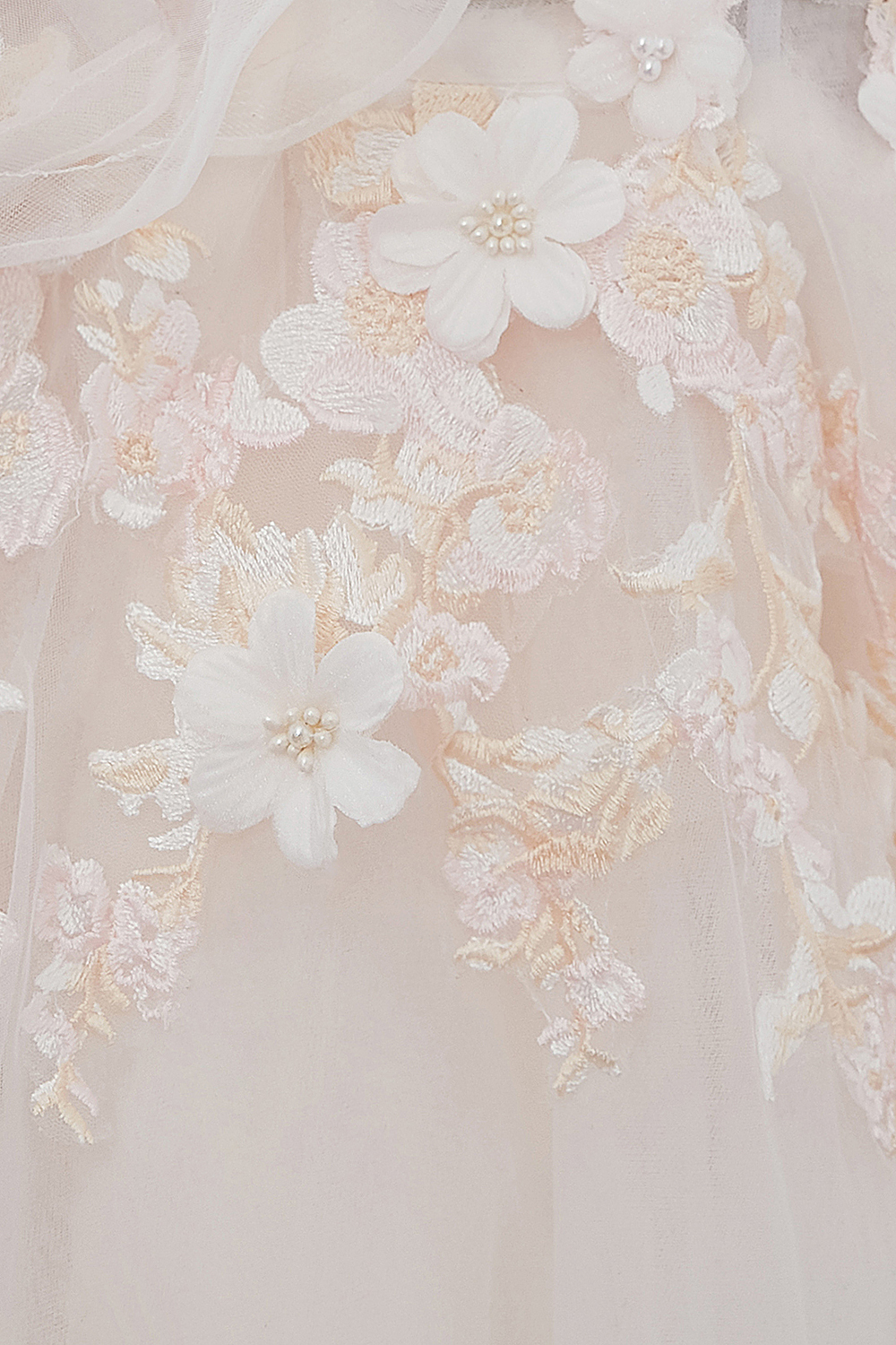 A-line Off-the-shoulder Cap Sleeves Chapel Train Tulle Bridal Attire With Appliques 12