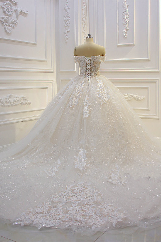 Ball Gown Off-the-shoulder Sweetheart Neck Sleeveless Floor-length Tulle Bridal Dress With Lace 4
