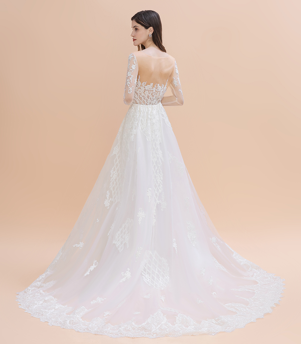 Mermaid Jewel Neck Long Sleeves Chapel Train Tulle Wedding Gown With Lace 11