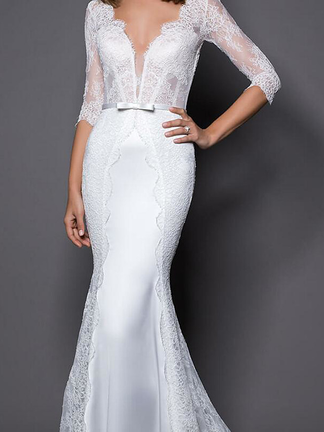 Mermaid V-neck Half-Sleeves Sweep / Brush Train Tulle Bridal Gown With Buttons 3
