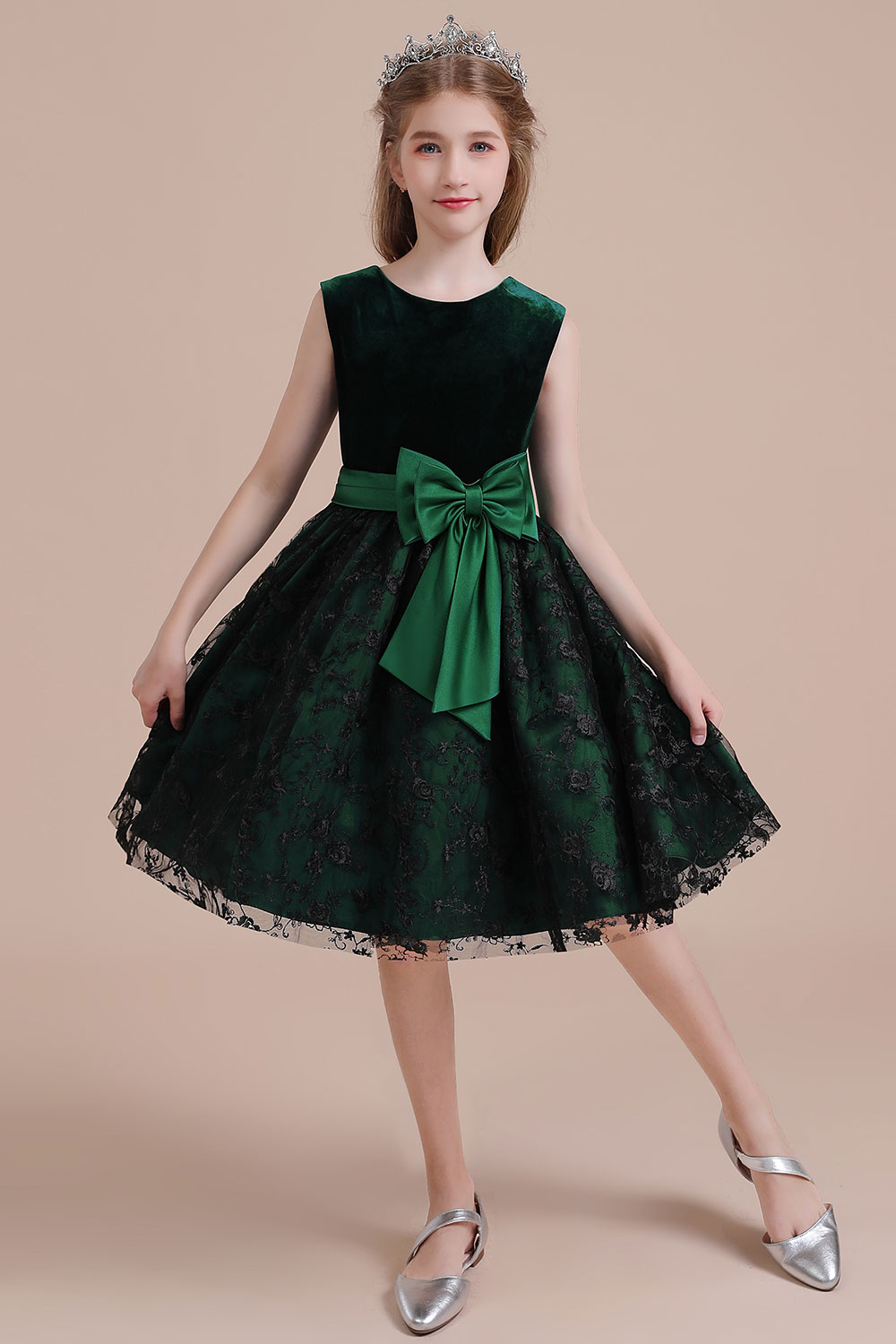A-line Jewel Neck Sleeveless Knee-length Velvet Flower Girl Dress With Lace 7