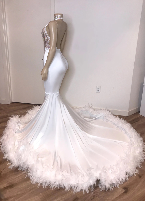 Mermaid V-neck Halter-neck Sleeveless Court Train Stretch Satin Evening Dress With Feathers 2