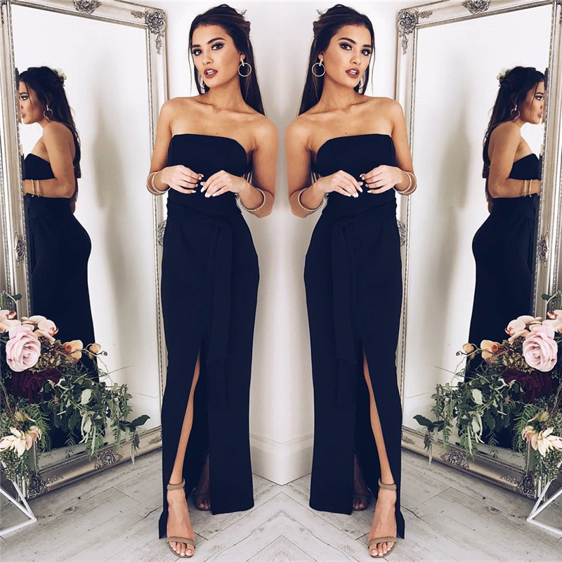 Column Strapless Sleeveless Ankle-length 100D Chiffon Party Dress 2