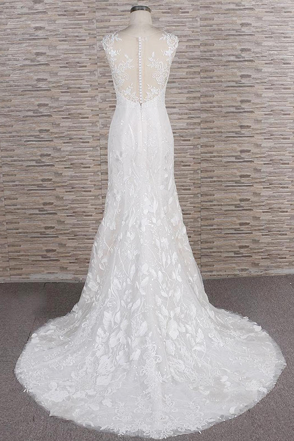 Mermaid Jewel Neck Sleeveless Sweep / Brush Train Tulle Wedding Gown With Sequins 2