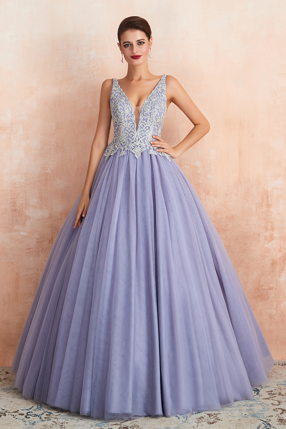 A-line Plunging Neckline Sleeveless Sweep / Brush Train Tulle Formal Wear With Rhinestone 6