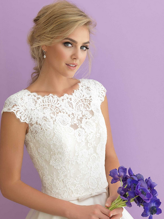 A-line Cap Sleeves Floor-length Tulle Wedding Gown With Lace 2