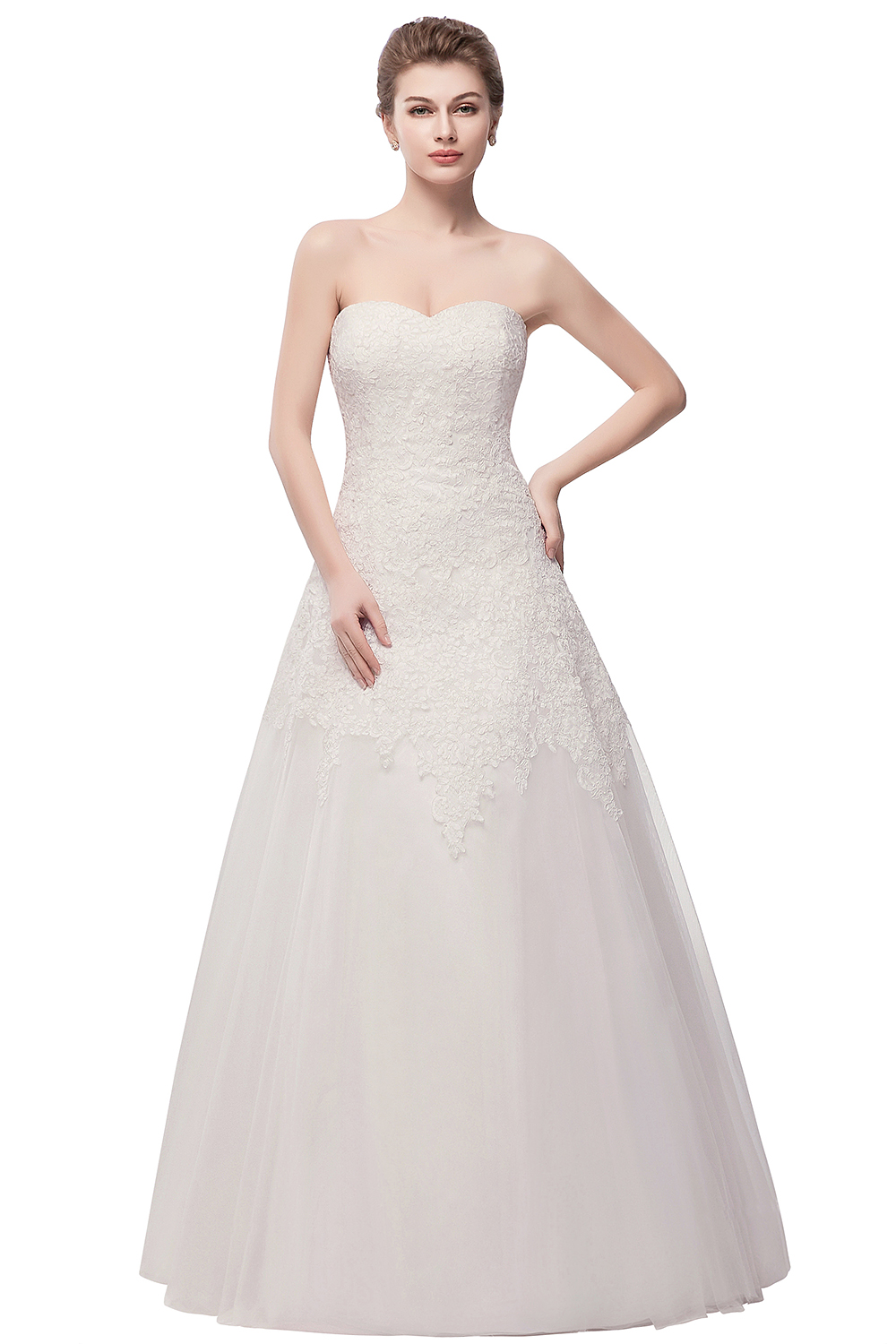 A-line Strapless Sweetheart Neck Sleeveless Floor-length Tulle Bridal Gown With Lace 3