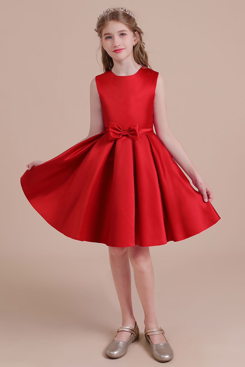 A-line Jewel Neck Sleeveless Knee-length Satin Flower Girl Dress With Bow 5